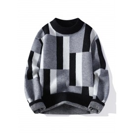 Men'S Geometric Checkered Crew Neck Sweater - Soft Warm Textured Pullover, /Brown Pattern, Cozy Fall Winter Sweater for Street Style & Layered Outfits, Casual Daily Wear, Versatile for Semi-Formal Events, Order Two Sizes for Best Fit (Regular Fit)