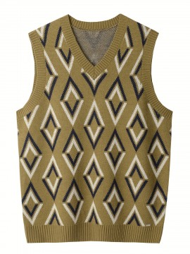 Men's Soft Beige/Brown/Argyle Sweater Vest - Slim Fit V-Neck Pullover, Knit Office & Formal Attire, Autumn/Winter Layering Piece for Business Casual or Casual Attire, Sophisticated Weave, Ribbed Texture, PLUS SIZE