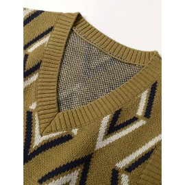 Men's Soft Beige/Brown/Argyle Sweater Vest - Slim Fit V-Neck Pullover, Knit Office & Formal Attire, Autumn/Winter Layering Piece for Business Casual or Casual Attire, Sophisticated Weave, Ribbed Texture, PLUS SIZE