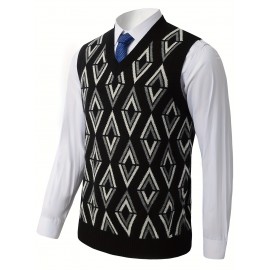 Men's Soft Beige/Brown/Argyle Sweater Vest - Slim Fit V-Neck Pullover, Knit Office & Formal Attire, Autumn/Winter Layering Piece for Business Casual or Casual Attire, Sophisticated Weave, Ribbed Texture, PLUS SIZE