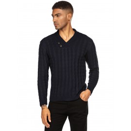 Men'S Shawl Collar Pullover Sweater Slim Fit Casual Button Cable Knit Sweaters, Plus Size