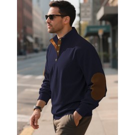 Men'S Corduroy Sweatshirt - Oversized Long Sleeve Pullover with Stand Collar, Green & Brown Striped Casual Sweater, All-Season Comfortable Loose Fit for Outdoor & Casual Attire, Plus Size Available, Easy Care (Ideal for Bowling & Casual Outfits)