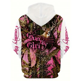 Men'S 3D Deer Print Hooded Jacket with Pink Camo & Country Girl Lettering - Long Sleeve Casual Hunting & Outdoor Hoodie, Adjustable Drawstring Pocket, Spring/Fall Camouflage Coat for Daily Wear (Regular Fit, Deer Stag Design), Plus Size