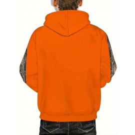 Men'S Plus Size Stretch Polyester Blend Hoodie - 3D Deer Pattern Bright Orange, Kangaroo Pocket Long Sleeve Pullover Suitable for Autumn and Winter, Machine Washable Casual Sportswear, Bold Animal Print, Comfortable Fit, Plus Size