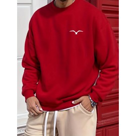 Men's Bird Logo Print Crew Neck Sweatshirt - White Bird Logo on Dark Blue, Casual Long Sleeve Pullover, Minimalist Sweater for Gym, Office & Casual Attire, Versatile Sportswear & Smart-Casual Outfit Essential, PLUS SIZE