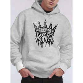 Men'S King Crown Print Hooded Sweatshirt - Royal & Golden Lettering, Winter Knit Fabric with Slight Stretch, Regular Fit Long Sleeve Pullover, Casual American Style Statement Piece for Everyday & Formal Wear - Ideal Gift for Men (KING Lettering Desi