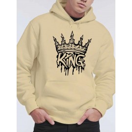 Men'S King Crown Print Hooded Sweatshirt - Royal & Golden Lettering, Winter Knit Fabric with Slight Stretch, Regular Fit Long Sleeve Pullover, Casual American Style Statement Piece for Everyday & Formal Wear - Ideal Gift for Men (KING Lettering Desi