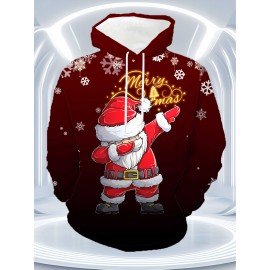 Men's Plus Size 3D Santa Claus & Snowflake Print Hooded Sweater - Oversized Red & Golden Christmas Pullover with 'Merry Christmas' Text, Loose Fit Long Sleeve Hoodie, Machine Washable Funny Ugly Christmas Party Outfit for Holiday Gatherings, PLUS SIZE