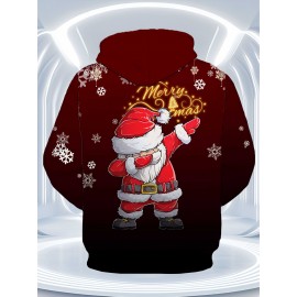Men's Plus Size 3D Santa Claus & Snowflake Print Hooded Sweater - Oversized Red & Golden Christmas Pullover with 'Merry Christmas' Text, Loose Fit Long Sleeve Hoodie, Machine Washable Funny Ugly Christmas Party Outfit for Holiday Gatherings, PLUS SIZE
