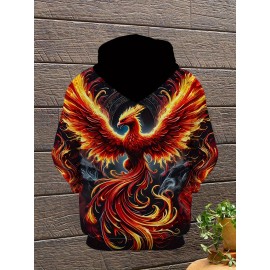Men'S Plus Size 3D Flame Phoenix Hoodie - Vibrant Red & Orange Graphic, Long Sleeve Pullover with Drawstring Hood & Pockets, Polyester, Casual Sporty Style for Fall & Winter, Autumn Fashion Top, Bold Pattern Hoodie, Medium Stretch Fabric