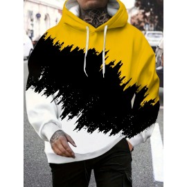 Men'S Casual Hooded Sweatshirt- 3D Color Block Print, Red Black White Abstract Design, Long Sleeve Regular Fit, Knitted Fabric, Front Pocket and Digital Heat Transfer Printing, Suitable for All Seasons Comfortable, Sweatshirt Hoodie, Comfortable Pu, PLUS SIZE