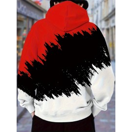 Men'S Casual Hooded Sweatshirt- 3D Color Block Print, Red Black White Abstract Design, Long Sleeve Regular Fit, Knitted Fabric, Front Pocket and Digital Heat Transfer Printing, Suitable for All Seasons Comfortable, Sweatshirt Hoodie, Comfortable Pu, PLUS SIZE