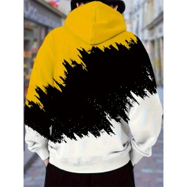 Men'S Casual Hooded Sweatshirt- 3D Color Block Print, Red Black White Abstract Design, Long Sleeve Regular Fit, Knitted Fabric, Front Pocket and Digital Heat Transfer Printing, Suitable for All Seasons Comfortable, Sweatshirt Hoodie, Comfortable Pu, PLUS SIZE