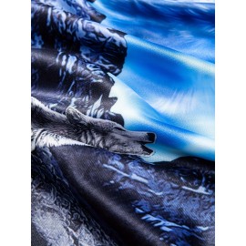 Men'S Moonlit Wolf Howl 3D Print Hooded Zip-Up Sweatshirt - Deep Blue Wolf Pack & Snow Mountain Night Sky Design, Loose Fit Casual Outdoor Winter Wear, Full-Zip Hoodie for Camping & Hiking, Durable 3D Print Graphic Apparel, Plus Size