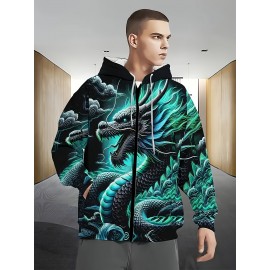 Men's Japanese Dragon Print Hooded Zip-Up Jacket - Turquoise Blue & Black 3D Scale Design, Full-Zip Korean/Kazoku Style Coat, Anime/Manga Inspired Casual Wear, Breathable & Machine Washable, Plus Size Relaxed Fit for Gym, Running, Spring/Fall Outdoor - Japanese Dragon Motif with Full-Length Zipper Closure, No Lining, Standout Statement Piece for Men's Fashion (Casual & Statement Outfit), PLUS SIZE