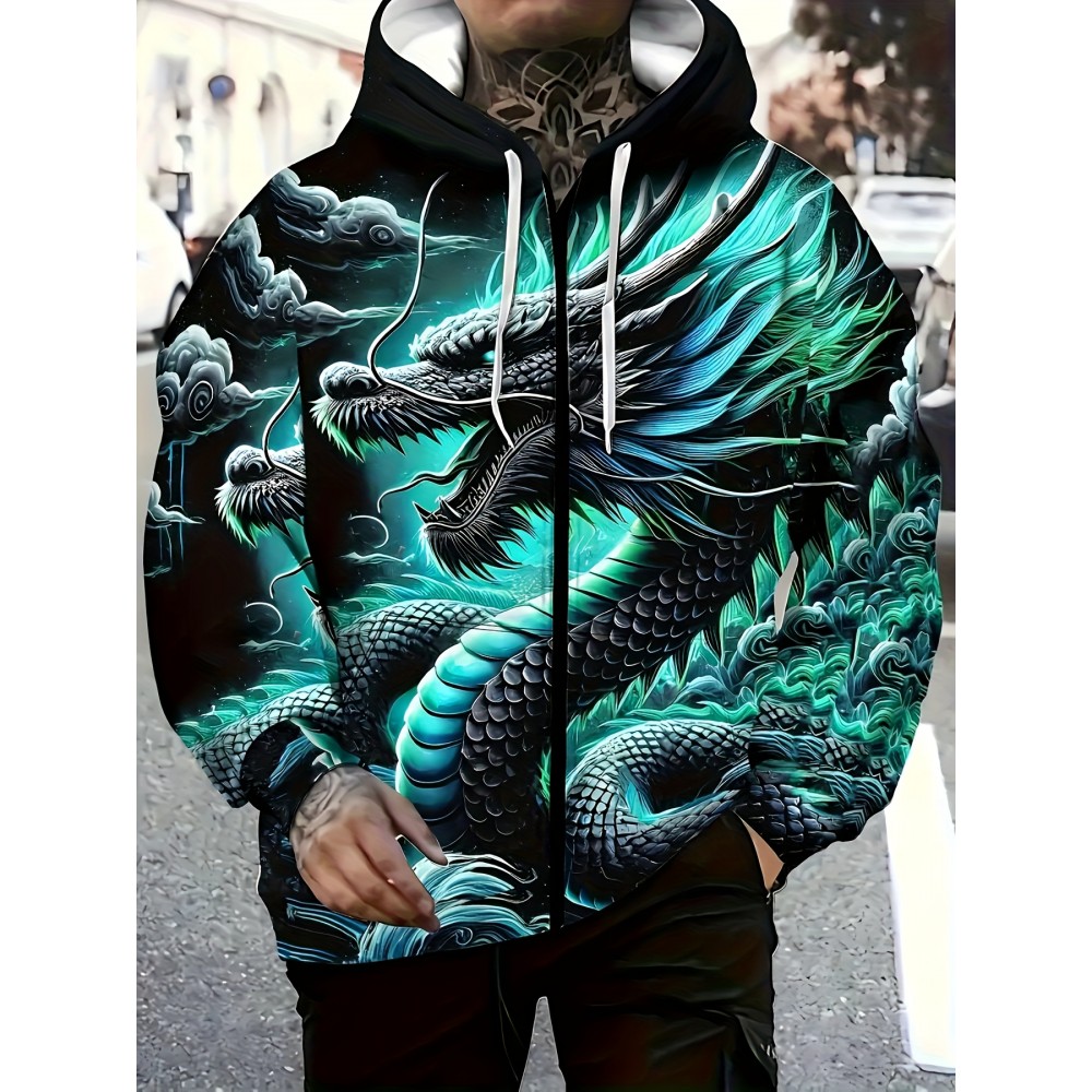 Men's Japanese Dragon Print Hooded Zip-Up Jacket - Turquoise Blue & Black 3D Scale Design, Full-Zip Korean/Kazoku Style Coat, Anime/Manga Inspired Casual Wear, Breathable & Machine Washable, Plus Size Relaxed Fit for Gym, Running, Spring/Fall Outdoor - Japanese Dragon Motif with Full-Length Zipper Closure, No Lining, Standout Statement Piece for Men's Fashion (Casual & Statement Outfit), PLUS SIZE