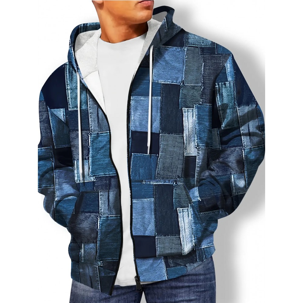 Plus Size Men's Full-Zip Hooded Cardigan Jacket - 3D Denim Patchwork Print (Blue/Denim) | Stretch Fabric | Casual Streetwear Coat with Zippered Hood & Pocket | Machine Washable Oversized Fit | Denim-Like Texture Outerwear, PLUS SIZE