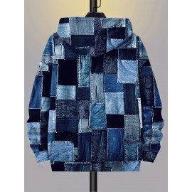 Plus Size Men's Full-Zip Hooded Cardigan Jacket - 3D Denim Patchwork Print (Blue/Denim) | Stretch Fabric | Casual Streetwear Coat with Zippered Hood & Pocket | Machine Washable Oversized Fit | Denim-Like Texture Outerwear, PLUS SIZE