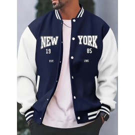 Men's Large Size Vintage New York Lettering & Numbered Baseball Jacket - Two-Tone Button College Style Snapback Coat, Retro Streetwear Outerwear with Pockets (Machine Washable, Spring/Fall Casual Wear) - Christmas Gift for NY Fans, PLUS SIZE