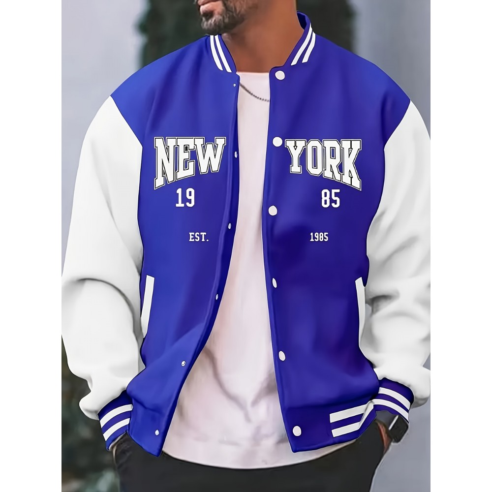 Men's Large Size Vintage New York Lettering & Numbered Baseball Jacket - Two-Tone Button College Style Snapback Coat, Retro Streetwear Outerwear with Pockets (Machine Washable, Spring/Fall Casual Wear) - Christmas Gift for NY Fans, PLUS SIZE