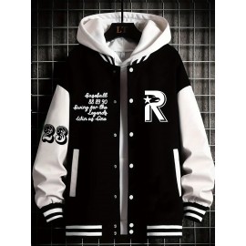 Men's Large Size Baseball Jacket with Letter 'M' Print (for Miami/other letters) - Buttonless Snap Closure, Machine-Washable Polyester Coat, Pockets - Casual Winter Outerwear for Big & Tall, Christmas Gift (No hat Included), PLUS SIZE