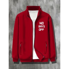 Plus Size NO DAYS OFF College Style Comfy Stand Collar Jacket - Slightly Stretch Stylish Zip Up For Autumn & Winter