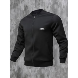 Men'S Plus Size Casual Army Print Varsity Jacket with Pockets, Baseball Collar, Zipper Closure, Knit Polyester Fabric, Slight Stretch, Regular Fit - 95% Polyester, 5% Elastane