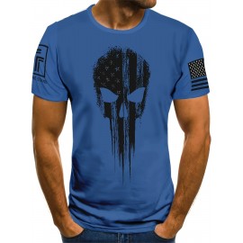 Men's Patriotic 3D Skull Print T-Shirt, Oversized Royal Blue Casual Summer Top with American Flag Design, Crew Neck Short Sleeve- Ideal Valentine's Day Gift for Boyfriend, Skull American Flag Clothing, Large Size, PLUS SIZE