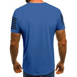 Men's Patriotic 3D Skull Print T-Shirt, Oversized Royal Blue Casual Summer Top with American Flag Design, Crew Neck Short Sleeve- Ideal Valentine's Day Gift for Boyfriend, Skull American Flag Clothing, Large Size, PLUS SIZE