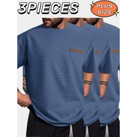 3pcs Men'S Plus Size Casual Short Sleeve T-Shirt Set, Essential Basic Tee - Breathable, Soft & Comfortable Waffle Fabric, Solid Color, Round Neck, Perfect for Casual Attire, PLUS SIZE, Men'S Set On, Men'S White Beach Set, Men'S Training Suit Set, Men'S Beach Set For Large Sizes