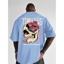 Men's Gothic Skull & Rose T-Shirt with Back Print - Oversized Streetwear Fit, Bold 