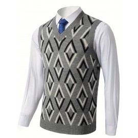 Men's Soft Beige/Brown/Argyle Sweater Vest - Slim Fit V-Neck Pullover, Knit Office & Formal Attire, Autumn/Winter Layering Piece for Business Casual or Casual Attire, Sophisticated Weave, Ribbed Texture, PLUS SIZE