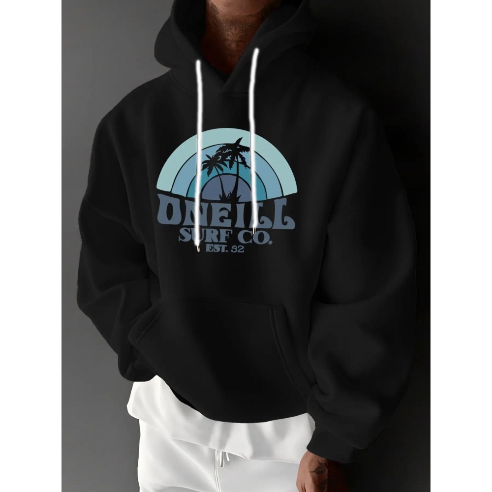 Men'S Oversized Fleece-Lined Hooded Sweatshirt with Surf & Beach Graphic Print - 100% Micro-Elastic Knit, Kangaroo Pocket, Surfing Surf Co. Design, Surfing-Themed Casual Pullover for Surfing, Beachwear & Everyday Comfort (Large Size) - Ideal Gift fo