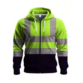 Men's Neon Green/Orange/Gray Full-Zip Hooded Jacket - Heavy-Duty Zipper Closure, Loose-Fit Casual Coat for Gym, Hiking & Urban Streetwear - Machine Washable Spring/Fall Outerwear with Hood (Neck Collar) - -First Color Block Design, PLUS SIZE