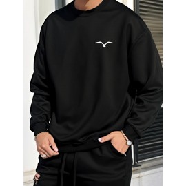 Men's Bird Logo Print Crew Neck Sweatshirt - White Bird Logo on Dark Blue, Casual Long Sleeve Pullover, Minimalist Sweater for Gym, Office & Casual Attire, Versatile Sportswear & Smart-Casual Outfit Essential, PLUS SIZE