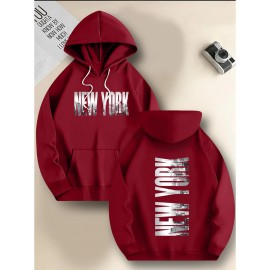 Men's New York Letter Print Hoodie & Matching Sweatsuit Set - Oversized Plus Size Winter Warmth, Distressed NYC Skyline Print Hooded Jacket & Pants, Machine Washable Casual Sportswear, Loose Fit Layered Outfit (New York Themed Apparel), PLUS SIZE