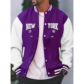 Men's Large Size Vintage New York Lettering & Numbered Baseball Jacket - Two-Tone Button College Style Snapback Coat, Retro Streetwear Outerwear with Pockets (Machine Washable, Spring/Fall Casual Wear) - Christmas Gift for NY Fans, PLUS SIZE