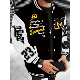 Men'S Plus Size Baseball Jacket | Los Angeles Style, Letter and Number 23 Print, Wrinkle Resistant, Casual Sports, Perfect for Parties, Autumn and Winter