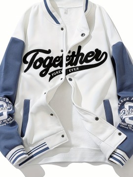 Men'S Large Size Casual Baseball Jacket with Letter Print & Team Spirit Design - Warm Outerwear, Snap Closure & Functional Pockets, Spring/Fall Outdoor Sports Apparel, Christmas Gift for Men (No Hat Included) - Trendy Casual Style for Casual Attire