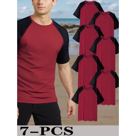 7pcs Men'S Plus Size T-Shirts - Casual Crew Neck, Short Sleeve, Color Block Design, Polyester, Summer Sporty Tops with 