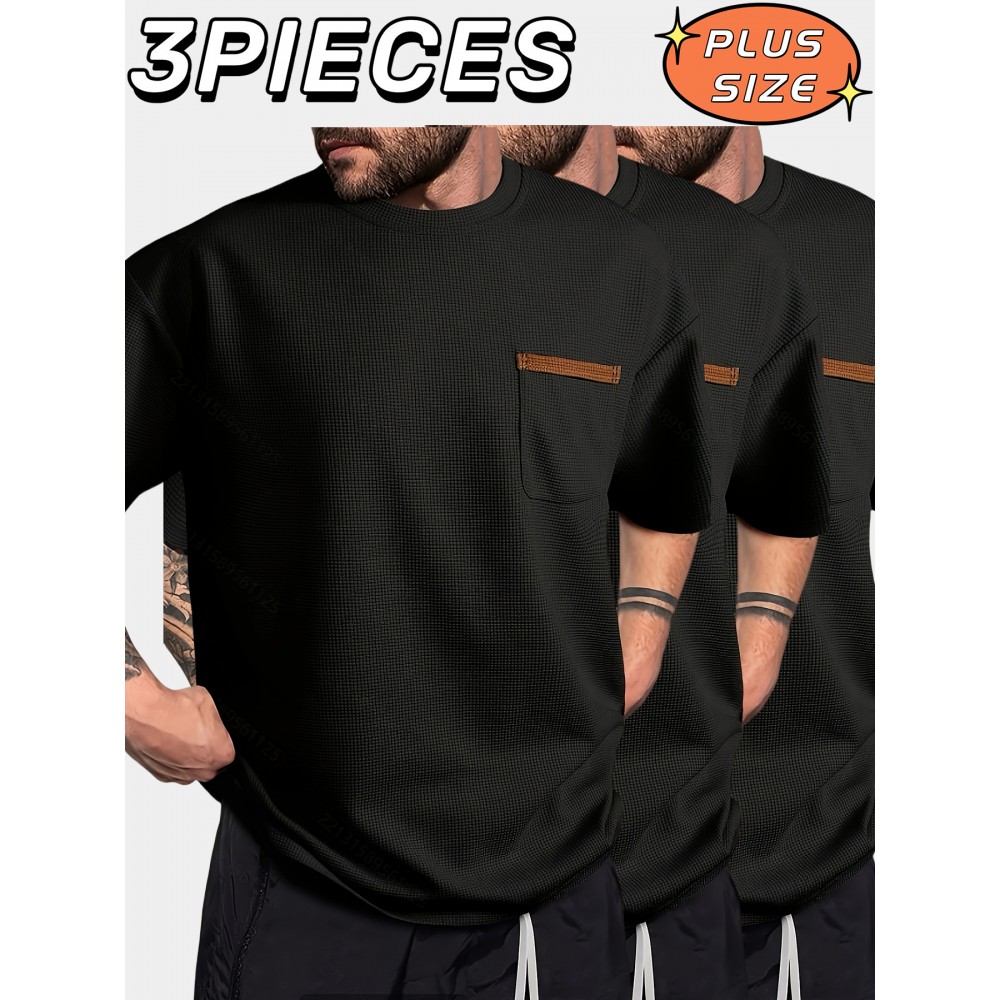 3pcs Men'S Plus Size Casual Short Sleeve T-Shirt Set, Essential Basic Tee - Breathable, Soft & Comfortable Waffle Fabric, Solid Color, Round Neck, Perfect for Casual Attire, PLUS SIZE, Men'S Set On, Men'S White Beach Set, Men'S Training Suit Set, Men'S Beach Set For Large Sizes