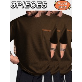3pcs Men'S Plus Size Casual Short Sleeve T-Shirt Set, Essential Basic Tee - Breathable, Soft & Comfortable Waffle Fabric, Solid Color, Round Neck, Perfect for Casual Attire, PLUS SIZE, Men'S Set On, Men'S White Beach Set, Men'S Training Suit Set, Men'S Beach Set For Large Sizes