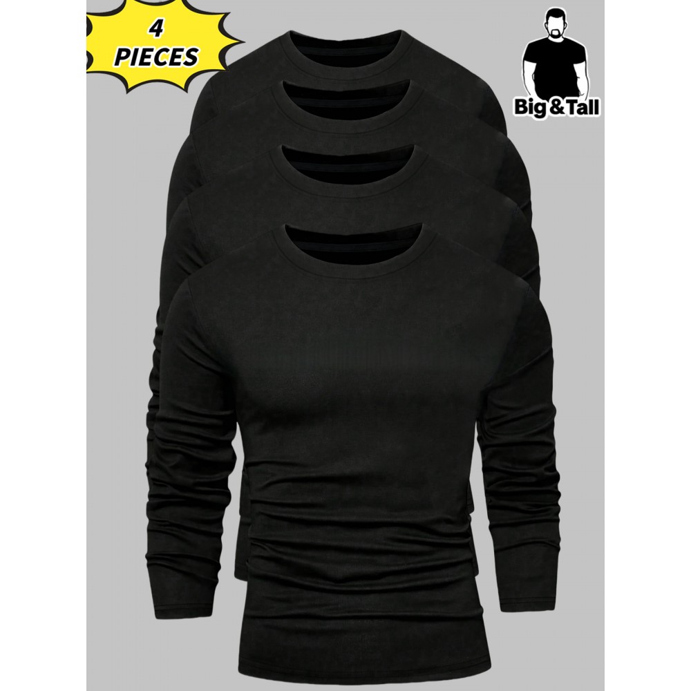 [Soft Plus Size T-Shirts] 4pcs Men's Plus Size Long Sleeve T-Shirt Set - Soft & Comfortable, 95% Polyester 5% Spandex, Solid Color, Round Neck, Casual Style, Perfect for Fall, Daily Wear