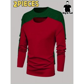 2pcs Men's Heavyweight 95% Polyester/5% Spandex Oversized Long Sleeve T-Shirt Set - Soft Stretch Round Neck Casual Layering Shirts in Green & Grey, Solid Color Winter Warmth, Comfortable Casual Attire, Plus Size Available (Machine Washable) - Ideal for Fall & Winter Layering Essentials (Casual & Formal Outfits) - Versatile Matching Outfits for Men, Relaxed Fit, Durable & Easy Care, Long Sleeve T Shirts for Men, Mens Plus Size T Shirt, Printed T Shirts for Men, PLUS SIZE